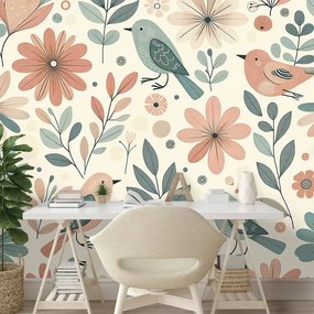 Фототапет – Пастелни птички и цветя