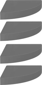 323894 vidaXL Окачени ъглови рафтове, 4 бр, сив гланц, 25x25x3,8 см, МДФ