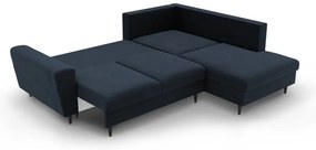 Тъмносин кадифен разтегателен ъглов диван с място за съхранение (десен ъгъл/L форма) Kyoto – Cosmopolitan Design