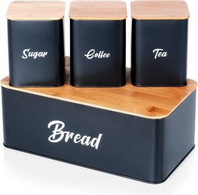 Комплект кутия за хляб и 3 буркани за съхранение на кафе, чай и захар, черен метал и бамбуково дърво