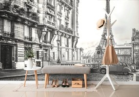Самозалепващ тапет – Черно-бяла Айфелова кула от улица в Париж