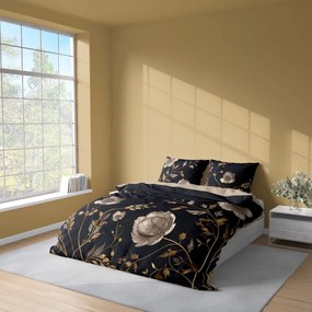 Чаршафи от микрофибър - черни с бежово-златиста флорална шарка 3 časti: 1ks 200x220 + 2ks 70x80