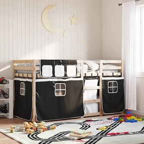 3283910 vidaXL Двуетажно легло със завеси, бяло и черно, 75x190 см, бор масив