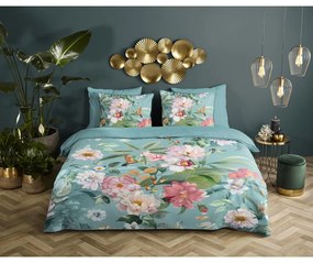 Синьо единично удължено спално бельо от памучен сатен 140x220 cm Fungi – Descanso