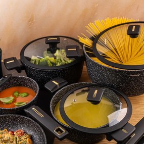 Комплект тенджери и тигани Klausberg KB 7966, 12 части, Отливка, Незалепващо мраморно покритие, Индукция, Черен