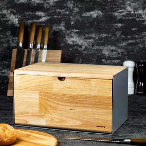 Кутия за хляб Klausberg KB 7395, 35.5 см, Висококачествен метал, Бамбук, Горен и преден капак, Черен