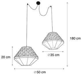 Висяща лампа черна с двоен кадифен абажур с дизайн на листа и бежово 2 светлини - Cava Luxe