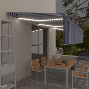 Ръчно прибиращ се сенник с щора и LED Kerrie, 6x3 м, синьо и бяло