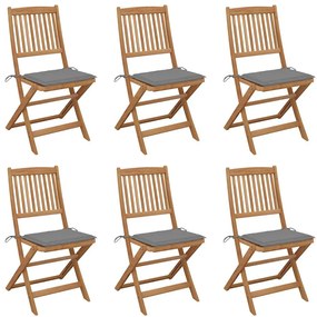 3065489 vidaXL Сгъваеми градински столове, 6 бр, с възглавници, акация масив