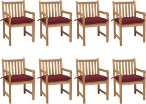 3073082 vidaXL Градински столове, 8 бр, с виненочервени възглавници, тик масив
