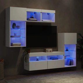 3216725 vidaXL ТВ стенни модули с LED, 5 части, бели, инженерно дърво