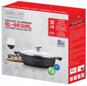 Плитка тенджера Royalty Line RL-BR30ML, 30 см, 4.8 л, Мраморно незалепващо покритие, Стъклен капак, Без PFOA, Индукция, Черен