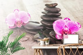 Фототапет – Орхидея и Зен камъни на дърво