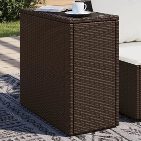 366214 vidaXL Градинска маса със стъклен плот kафяв 58x27,5x55 см полиратан