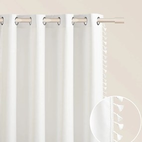 Бяла завеса LARA на сребърни кръгове с пискюли 140 x 280 cm