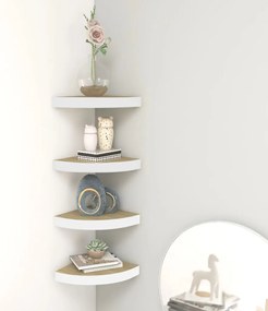 326632 vidaXL Стенни ъглови рафтове, 4 бр, дъб и бяло, 25x25x3,8 см, МДФ