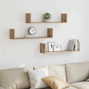 853298 vidaXL Стенни рафтове, 3 бр, дъб артизан, 80x18x18 см, инженерно дърво