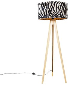 Подова лампа дърво с платнена абажур зебра 50 см - Tripod Classic