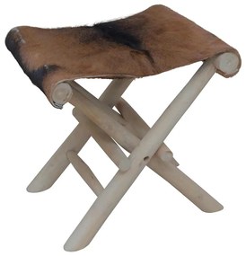 288815 vidaXL Сгъваема табуретка, козя кожа и тиково дърво масив