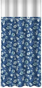 Синя завеса с принт на бели и сини цветя и бял кант Ширина: 160 см | Дължина: 270 см