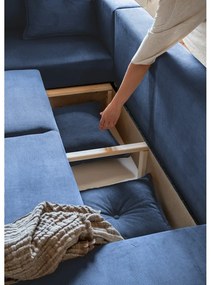 Тъмносин ъглов разтегателен диван от велур (ляв ъгъл/"U") Lazy Lukka - Miuform