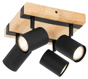 Интелигентен таванен прожектор черен с дърво 4 светлини регулируем вкл. Wifi GU10 50mm - Jeana