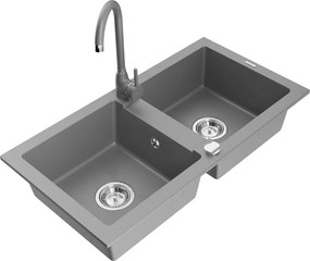 Mexen Mario гранитна мивка с 2 камери и кухненски смесител Telma, сив - 6504-71-670200-71