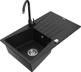 Mexen Cesar гранитна кухненска мивка с 1 кош, дренаж и кухненски смесител Telma, черен - 6514-77-670200-70