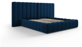 Тъмносиньо тапицирано двойно легло с място за съхранение и решетка 160x200 cm Gina - Milo Casa