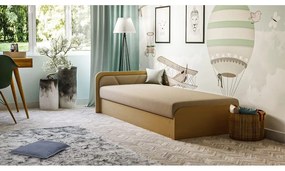 Единично легло 80x190 cm тапицирано/ПДЧ с място за съхранение с включен матрак в цвят жълта охра/бежово Parys – ELTAP