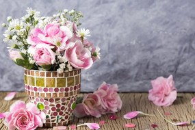 Картина на платно – Цветя на карамфил в мозайка саксия