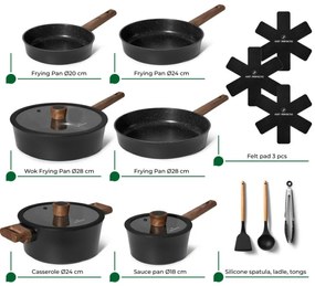 Комплект тенджери и тигани Just Perfecto JL-111, 15 части, Отливка, Гранитно покритие, Индукция, Аксесоари, Черен