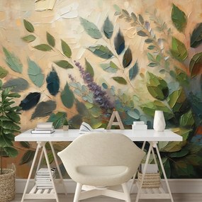 Самозалепващ тапет – Художествени зелени листа на бежов фон