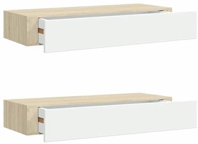 330264 vidaXL Стенни рафтове с чекмеджета 2 бр дъб и бял 60x23,5x10 см МДФ