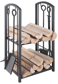 Кош за дърва с инструменти за камина 5 бр. черен