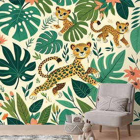 Самозалепващ тапет – Сладки леопардови малки в джунглата
