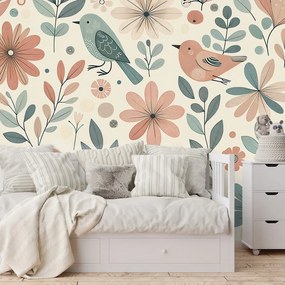 Фототапет – Пастелни птички и цветя