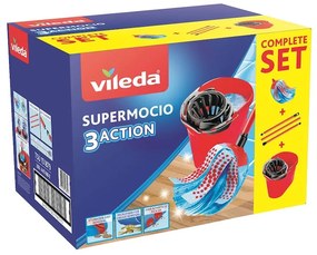 Комплект за почистване на под Vileda Super Mocio, 3 части, 10 л, Отцеждащ механизъм, Червен