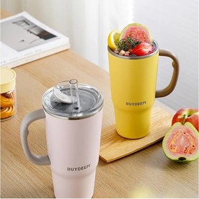 Термочаша с вградена сламка Buydeem DS57-MY, 700 мл, Топло&студено до 6 ч, Вакуумна изолация, Дръжка, Неръждаема стомана, BPA free, Жълт