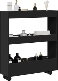 855242 vidaXL Тясна количка за съхранение, 3 нива, черна, инженерно дърво