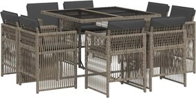3211016 vidaXL Градински трапезен комплект 9 части с възглавници сив полиратан