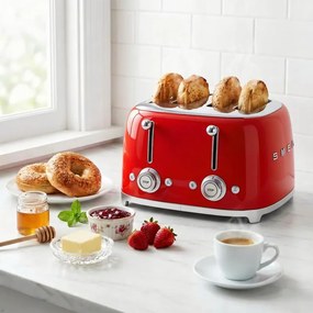 Тостер за хляб SMEG 50's Style TSF03RDEU, 2000W, 4 филии, 6 нива, Тавичка за трохи, Вграден кабел, Неръждаема стомана, Червен