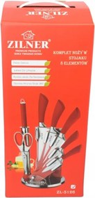 Комплект ножове с поставка ZILNER ZL 5126, 8 части, Точило, Ножици, Неръждаема стомана, Червен