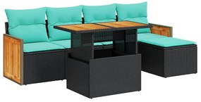 3327697 vidaXL Градински диван с възглавници, 6 части, черен полиратан, акация