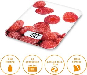 Кухненска везна Beurer KS 19 Berry, До 5 кг, ТАРА, Сензорно управление, LCD, Стъкло, Ултратънка, Червен