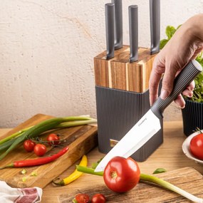 Комплект ножове Klausberg KB 7982, 6 части, Неръждаема стомана, Стойка от акациево дърво, Графит/кафяв