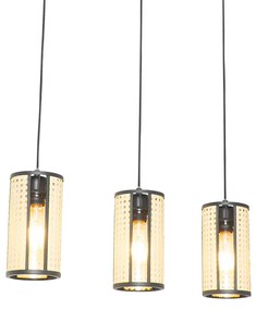 Ориенталски висящ аплик черен с ратан 3-светлина продълговат - Akira