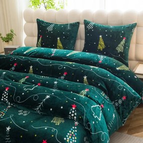 Коледни калъфки от топъл микрофлис - тъмнозелени с мотив на дърво 3 časti: 1ks 200x220 + 2ks 70x80