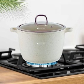 Дълбока тенджера Goldmann GM-0624B, 24 см, 6.2 л, Мраморно покритие, Стъклен капак с отвор за пара, Индукция, Бежов