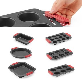 Форма за мъфини Lekue 1009478, За 6 бр, 31x18x3.7 см, Керамично незалепващо покритие, Карбонова стомана, От +4°C до +240°C, Черен/Червен